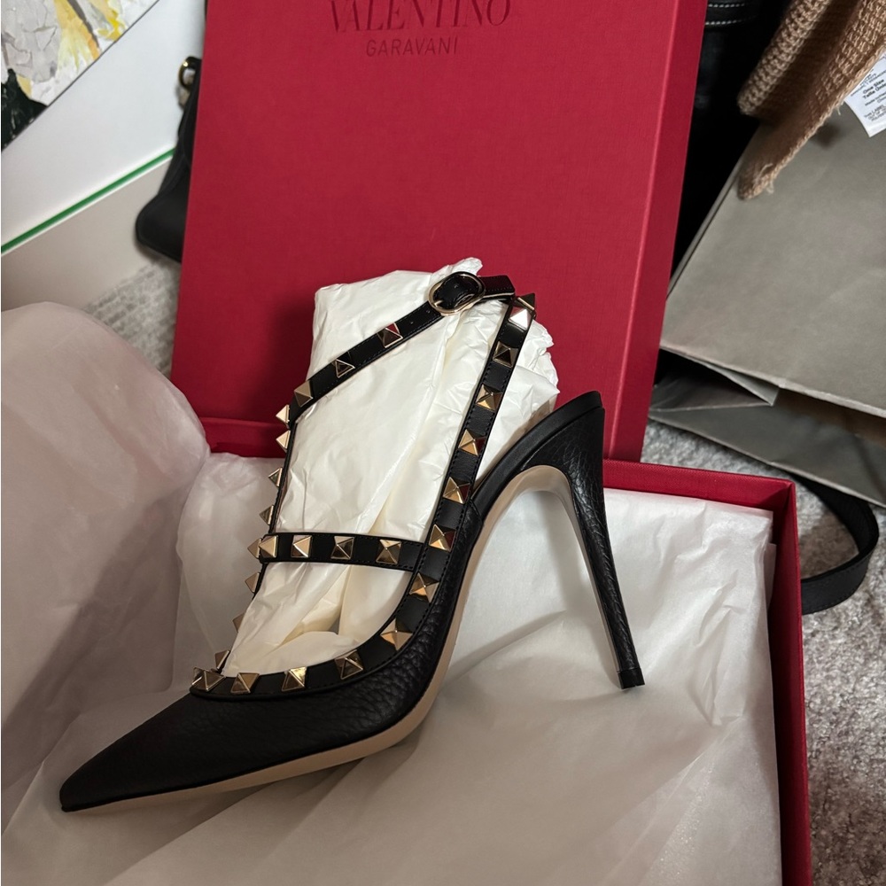 Valentino Garavani Black Heels with Gold Studs